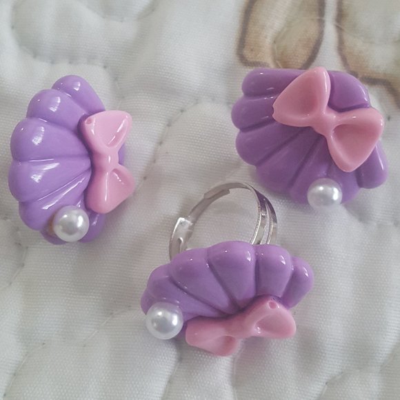purple yume kawaii seashell earring ring set - Picture 4 of 4